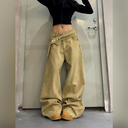 美式复古卡其阔腿显瘦工装裤女