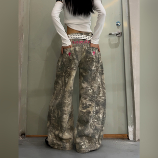 DoubleD美式 男女弯刀工装 拖地长裤 潮 街头树枝迷彩刺绣水洗牛仔裤