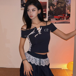 DoubleD一字肩拼接绑带蕾丝花边短装 女美式 辣妹设计感修身 T恤 短袖
