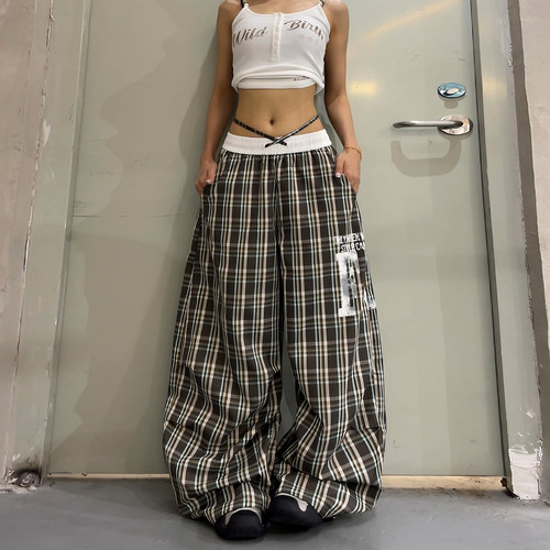 美式复古格纹高腰宽松阔腿裤女