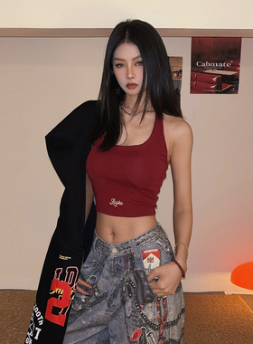 DoubleD绑带背心美式复古辣妹风个性挂脖运动吊带带胸垫内搭上衣