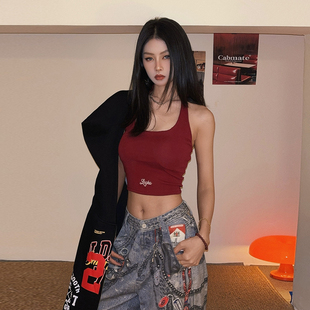 DoubleD绑带背心美式复古辣妹风个性挂脖运动吊带带胸垫内搭上衣