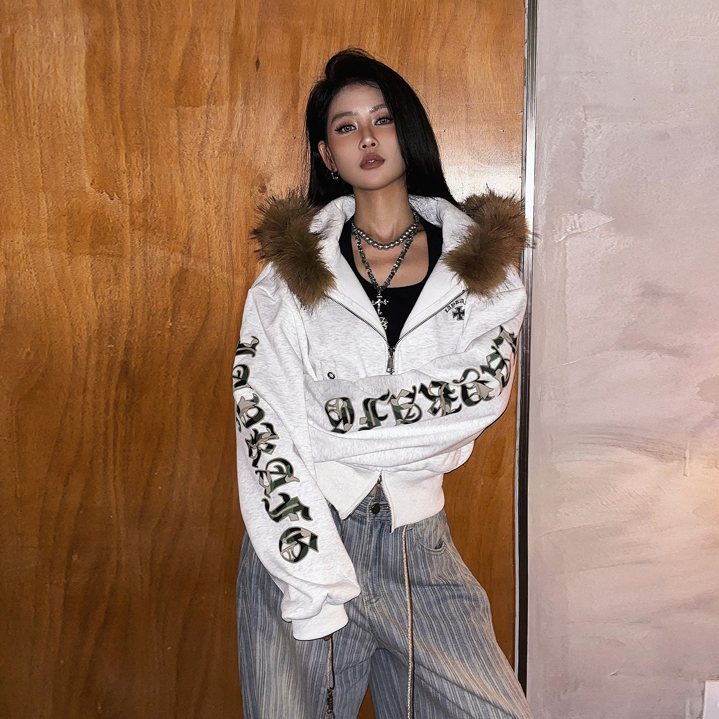 2025新款女美式复古毛领连帽卫衣