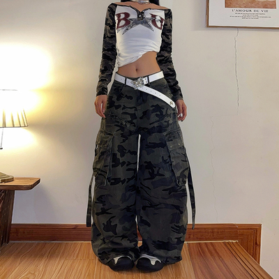 美式复古迷彩工装裤女高腰休闲