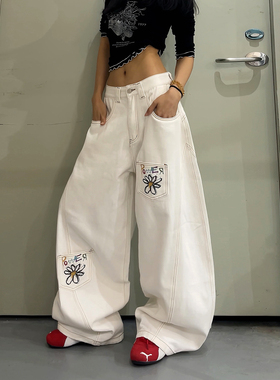 DoubleD白色小雏菊彩绘印花弯刀牛仔裤男女美式口袋解构阔腿长裤
