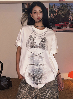 DoubleD美式复古设计感趣味手绘比基尼印花短袖t恤女夏季宽松上衣