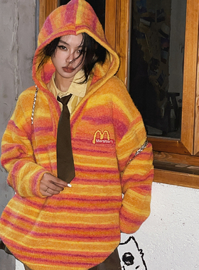 DoubleD 美式复古字母刺绣条纹连帽毛衣女秋冬宽松百搭针织外套潮