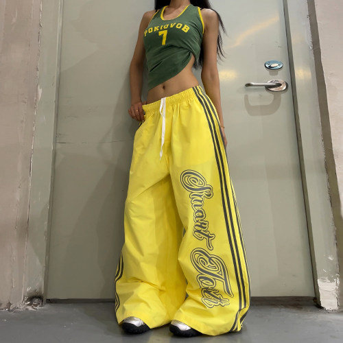 美式辣妹风黄色字母印花阔腿裤