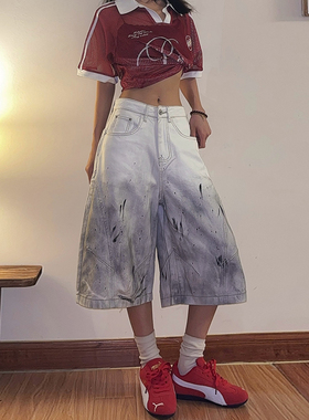 DoubleD美式街头小众设计做旧泼墨白色牛仔七分裤男女宽松短裤夏