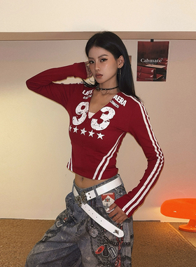 DoubleD美式复古运动风红色球衣V领数字印花长袖T恤辣妹修身上衣