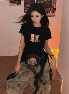 DoubleD美式辣妹蕾丝拼接猫咪印花下摆设计黑色短袖修身显瘦T恤女