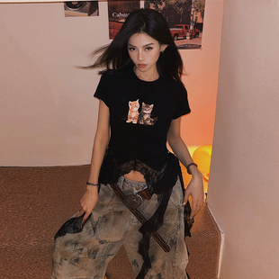 修身 显瘦T恤女 辣妹蕾丝拼接猫咪印花下摆设计黑色短袖 DoubleD美式