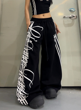 美式运动风字母印花条纹阔腿裤男女宽松垂坠感裤子街舞休闲长裤潮
