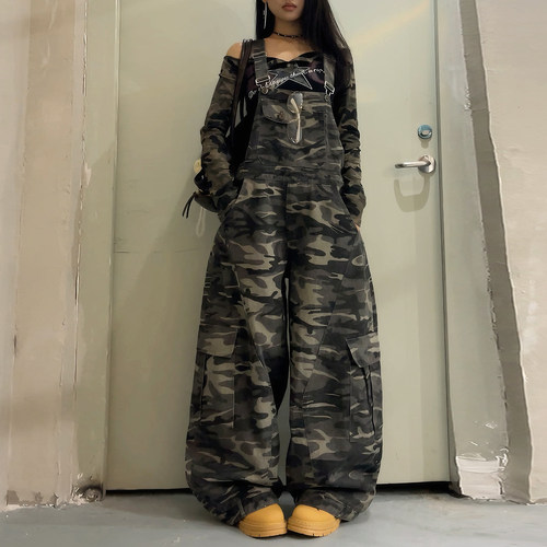 美式复古多口袋迷彩背带裤工装裤