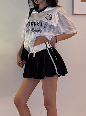 DoubleD美式夏抽绳花苞裙女辣妹蓬松褶皱A字迷你短裤裙双杠半身裙