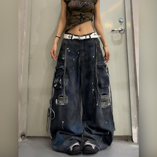 DoubleD美式 男女阔腿直筒工装 长裤 做旧脏染喷漆涂鸦大口袋牛仔裤