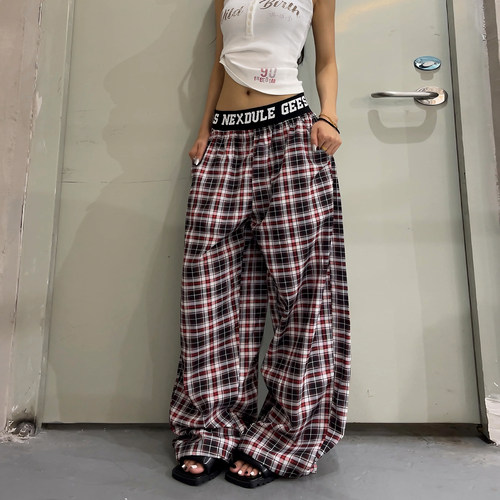 美式复古格子宽松阔腿休闲裤女