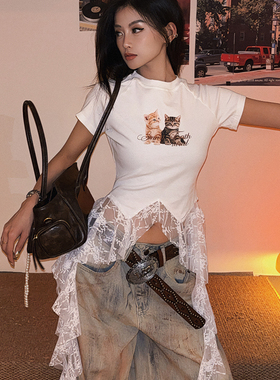 DoubleD美式辣妹猫咪印花蕾丝下摆流苏设计白色短袖修身显瘦T恤女