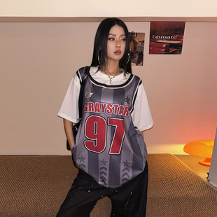 DoubleD美式 T恤女宽松假两件情侣运动上衣 街头竖条纹网眼球衣短袖