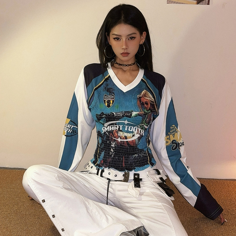 美式复古辣妹风运动风球衣V领