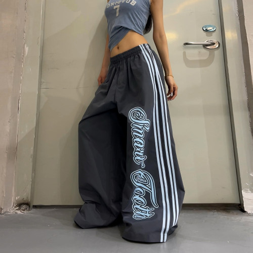 美式辣妹风灰色字母印花阔腿裤