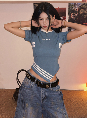 DoubleD美式原创辣妹不规则小众设计感运动短袖T恤女修身显瘦上衣