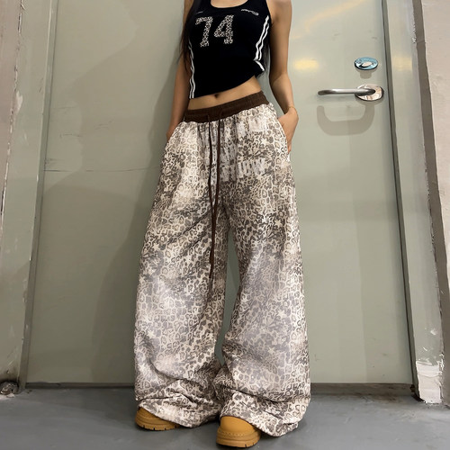 美式复古豹纹垂感阔腿裤女