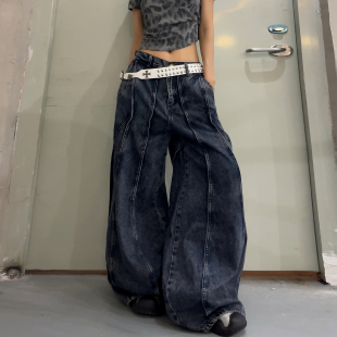 男女宽松垂感灯笼裤 DoubleD美式 重工做旧水洗解构弯刀阔腿牛仔裤