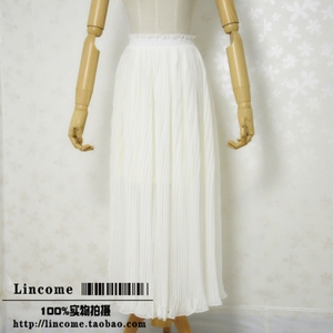 Lincome出品 优雅白色 复合丝雪纺松紧腰百褶裙 女神范长款 大摆