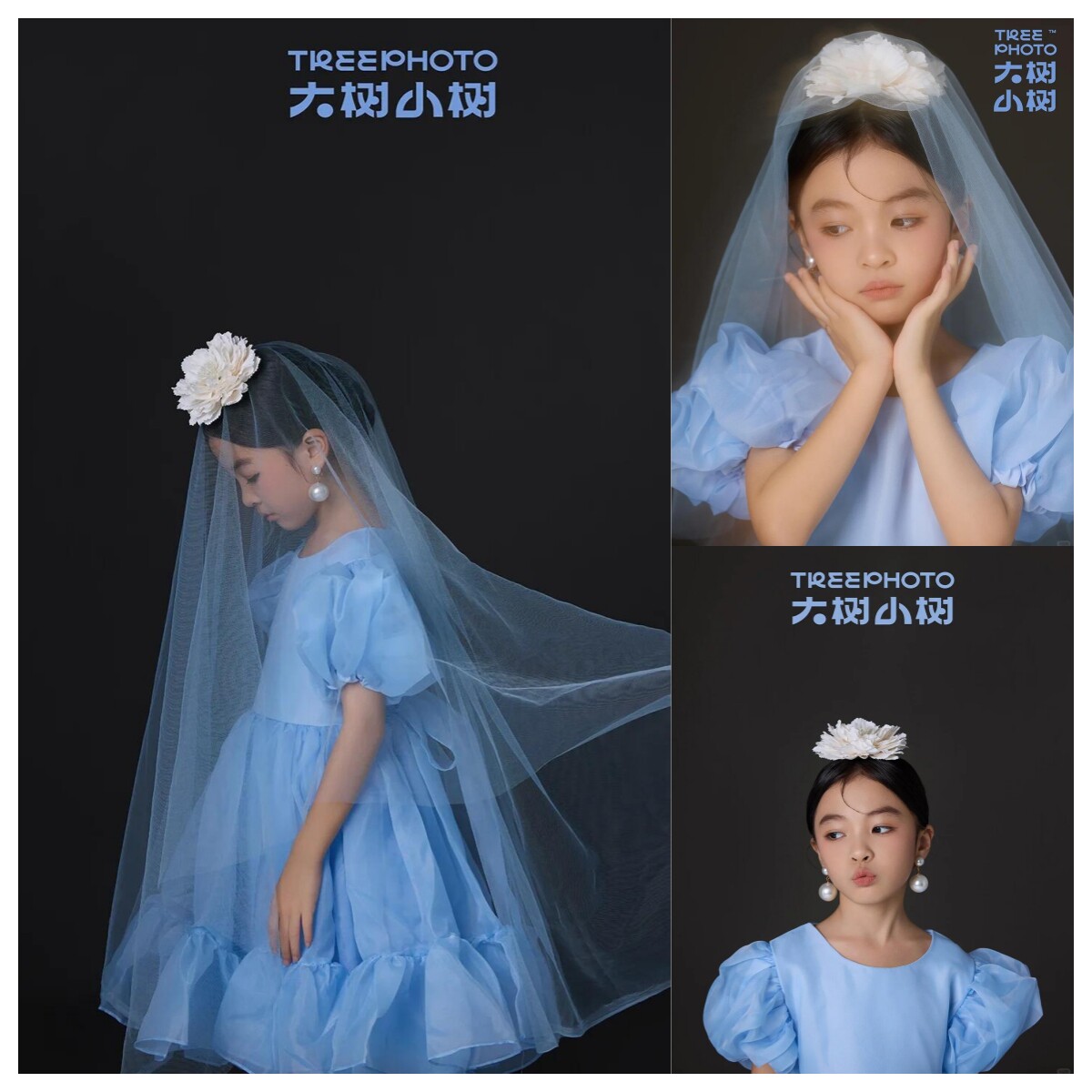 淡蓝纱裙头纱女童写真礼服朦胧高级氛围感儿童摄影拍照礼服道具图片