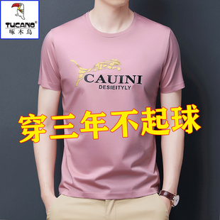 啄木鸟桑蚕丝短袖t恤男夏季圆领宽松冰丝凉感男士半袖衫男装上衣T