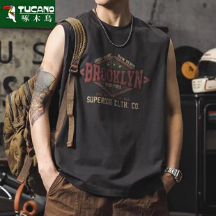 圆领情侣装 啄木鸟美式 无袖 t恤潮男士 夏2026 渐变高级设计纯棉无袖