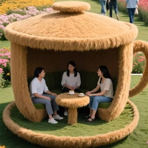 仿真绿雕工艺品定制户外景区仿真奶茶杯造型凉亭景观网红打卡道具