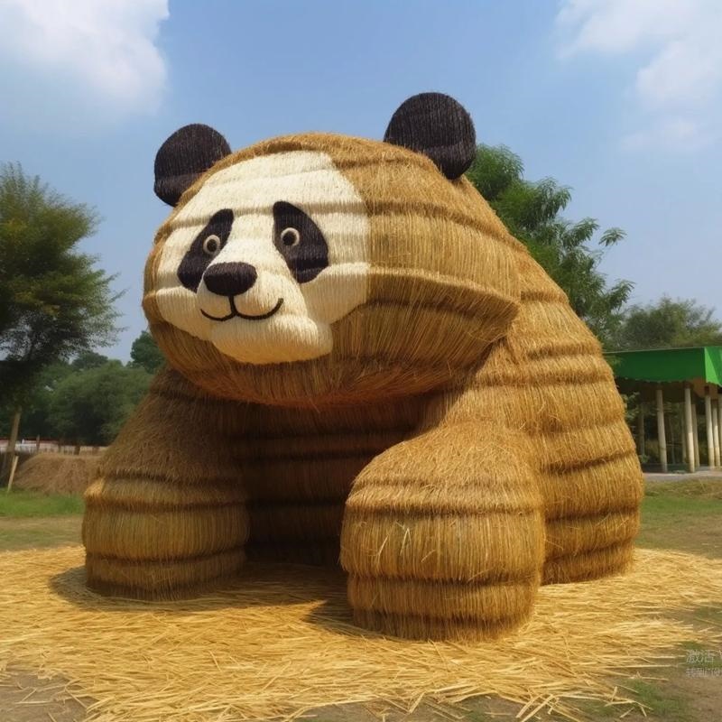 稻草工艺品草雕卡通动物大熊猫造型摆件草编动物网红拍照打卡景观