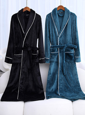 超长睡袍到脚踝秋冬加厚珊瑚绒模特黑色男女法兰绒情侣浴袍墨绿色