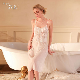 新款雪纺加长款吊带睡裙性感白色夏季女冰丝透视诱黑色网纱连衣裙