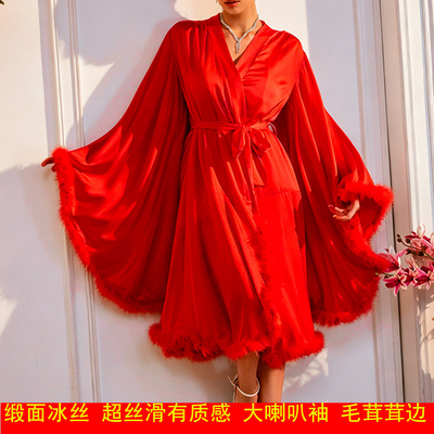 红色缎面冰丝喇叭袖新娘睡袍