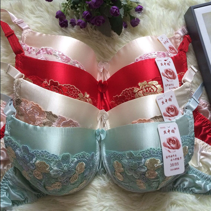 结婚红色新娘文胸桑蚕丝真丝女薄海绵无钢圈蕾丝文胸内衣AB杯乳罩