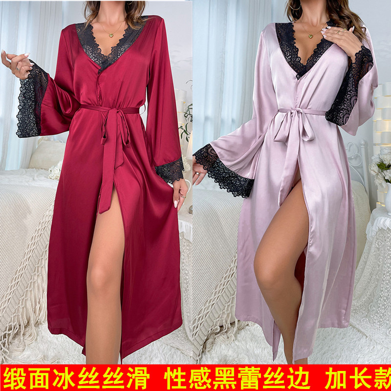 缎面冰丝加长款睡袍性感黑色蕾丝V领酒红色长袖浴袍夏季女仿真丝