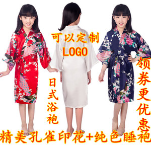 日式樱花儿童夏仿真丝男女中大花童晨袍孔雀睡袍和服浴袍黑色战袍