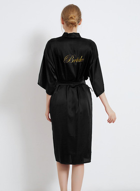 定制Bride冰丝黑色新娘晨袍女伴娘团香槟色浴袍加长款美容院睡袍