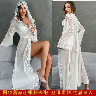 性感连帽超长睡袍雪纺纱黑色蕾丝夏季女长袖网纱白色舞台表演斗篷