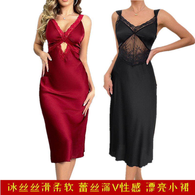 冰丝宽吊带睡裙性感蕾丝连衣裙女