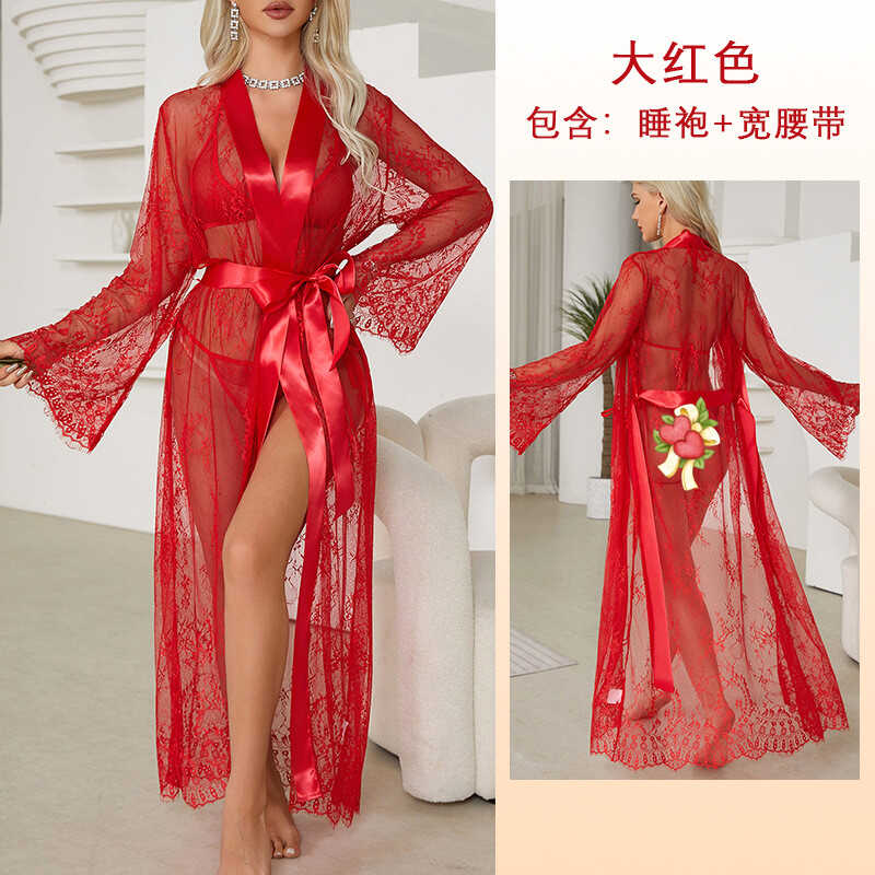 雪纺蕾丝女冰丝透视黑色超长睡袍