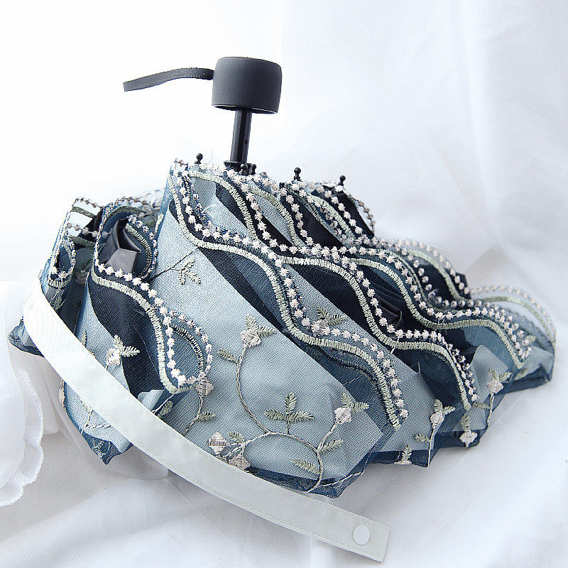 沛欣遮阳伞女生 夏天双层蕾丝刺绣网纱黑胶太阳伞五折晴雨伞便携