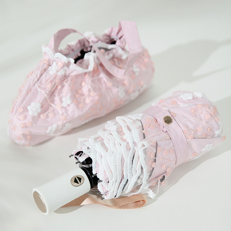 复古网纱碎花刺绣双层黑胶太阳伞