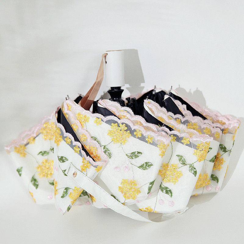 浮羽遮阳伞女 夏天五折碎花朵刺绣双层三折全自动黑胶防晒太阳伞