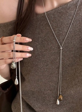 虎眼石水滴抽拉项链女2025新款爆款轻奢小众设计感长款毛衣链配饰