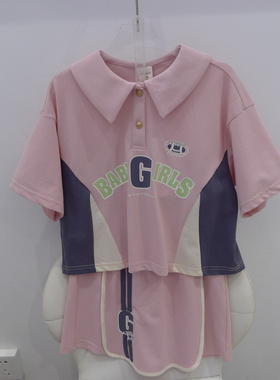 2024BHXZ正品夏季新款女中大童粉灰拼接撞色翻领T恤短裤套装12559