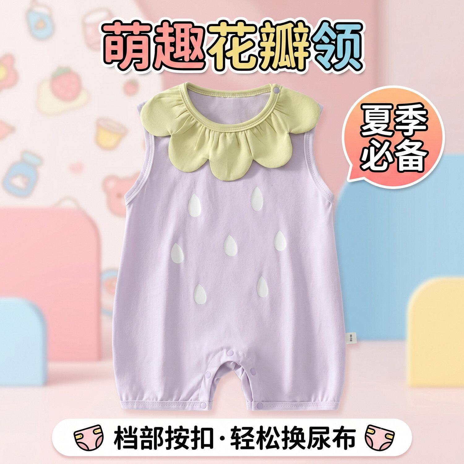 婴儿夏季无袖连体衣紫色雨滴花瓣领女宝宝纯棉薄款哈衣新生儿爬服